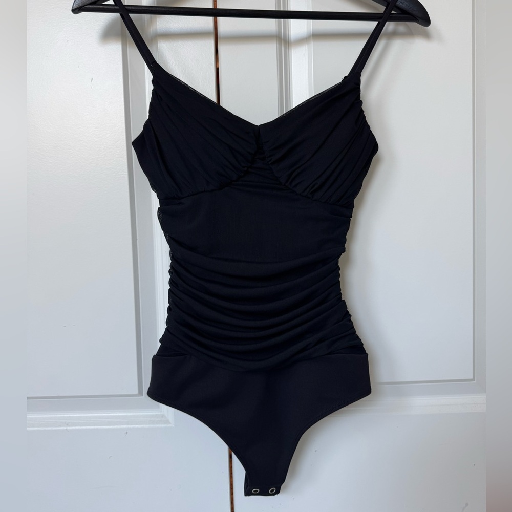 *NWOT* Express Body Contour Black Ruched One-Piece Thong Bodysuit XS